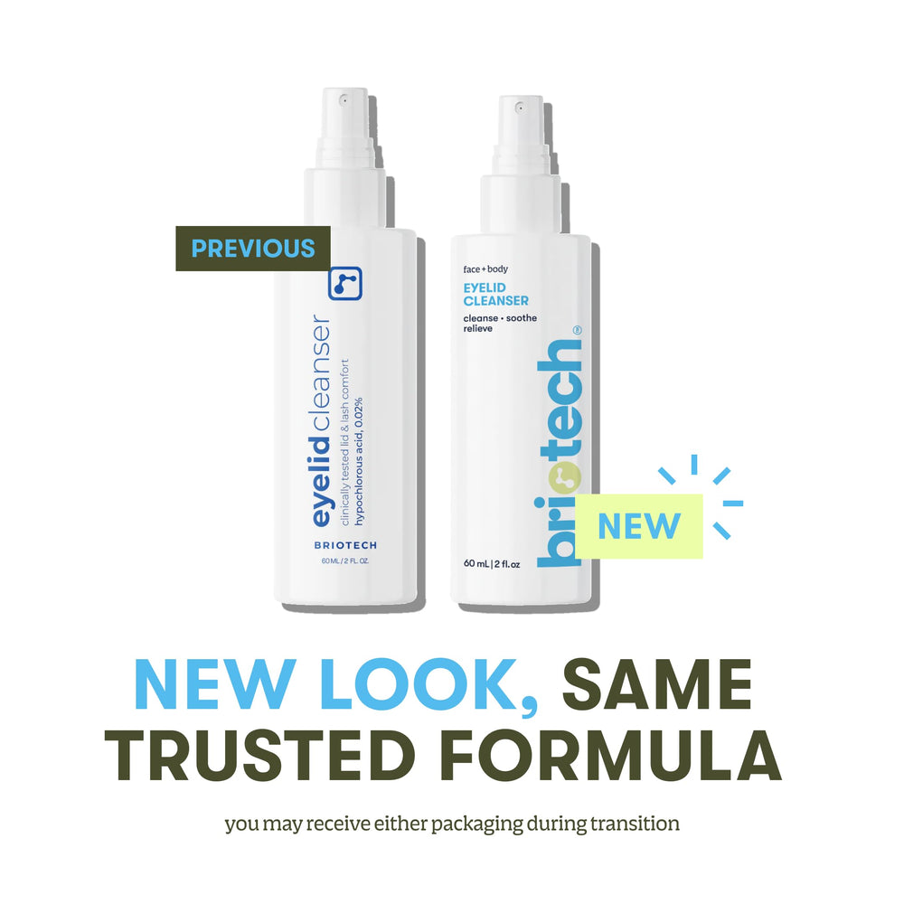 BRIOTECH Eyelid Cleanser label and ingredients showcase simple HOCl-based formula.
