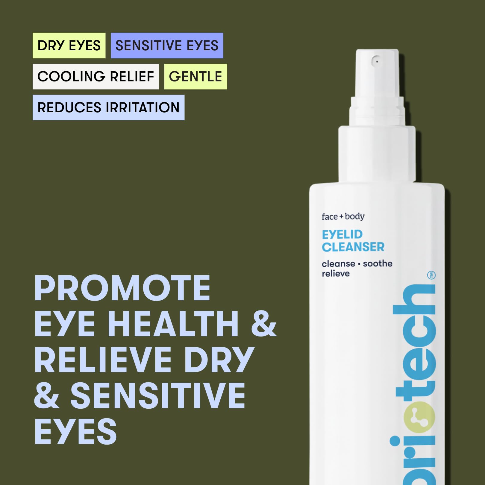 BRIOTECH Eyelid Cleanser spray on eyelids demonstrating fast-acting cooling relief.