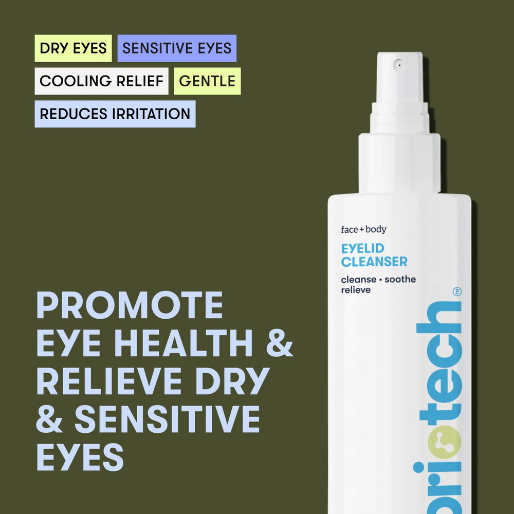 BRIOTECH Eyelid Cleanser spray on eyelids demonstrating fast-acting cooling relief.
