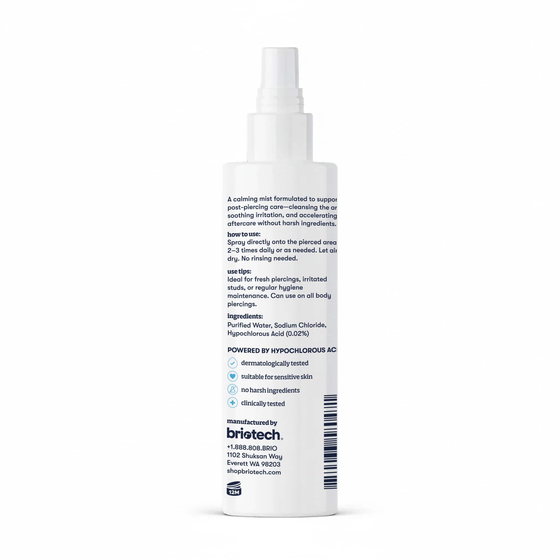 BRIOTECH Pierce Spray product on counter emphasizes vegan HOCl serum use