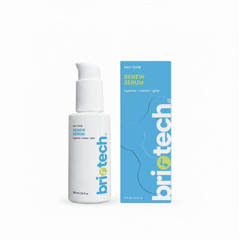 BRIOTECH Renew Serum bottle close-up for a radiant, even-toned complexion.
