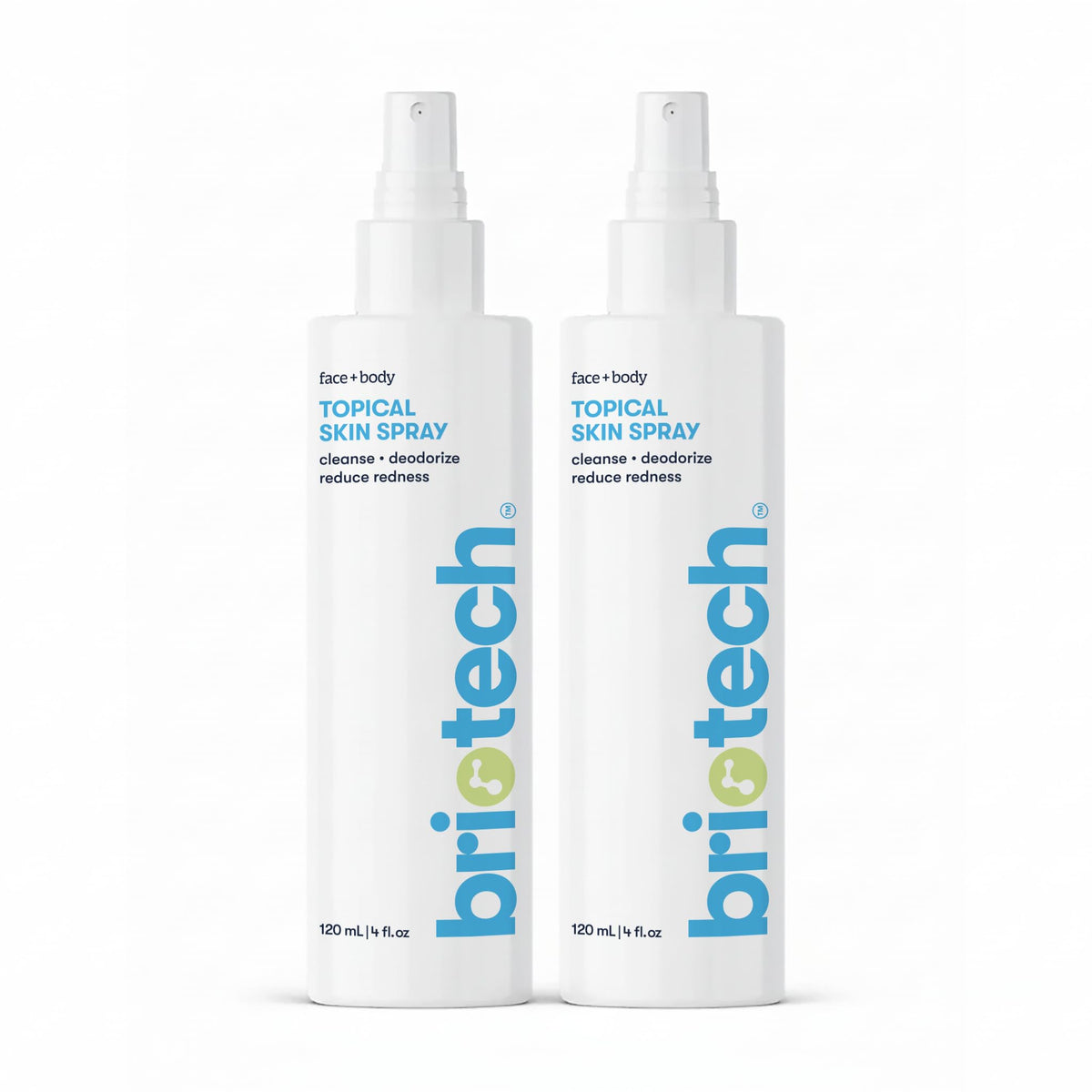 BRIOTECH topical skin spray bottle front view with calm HOCl mist