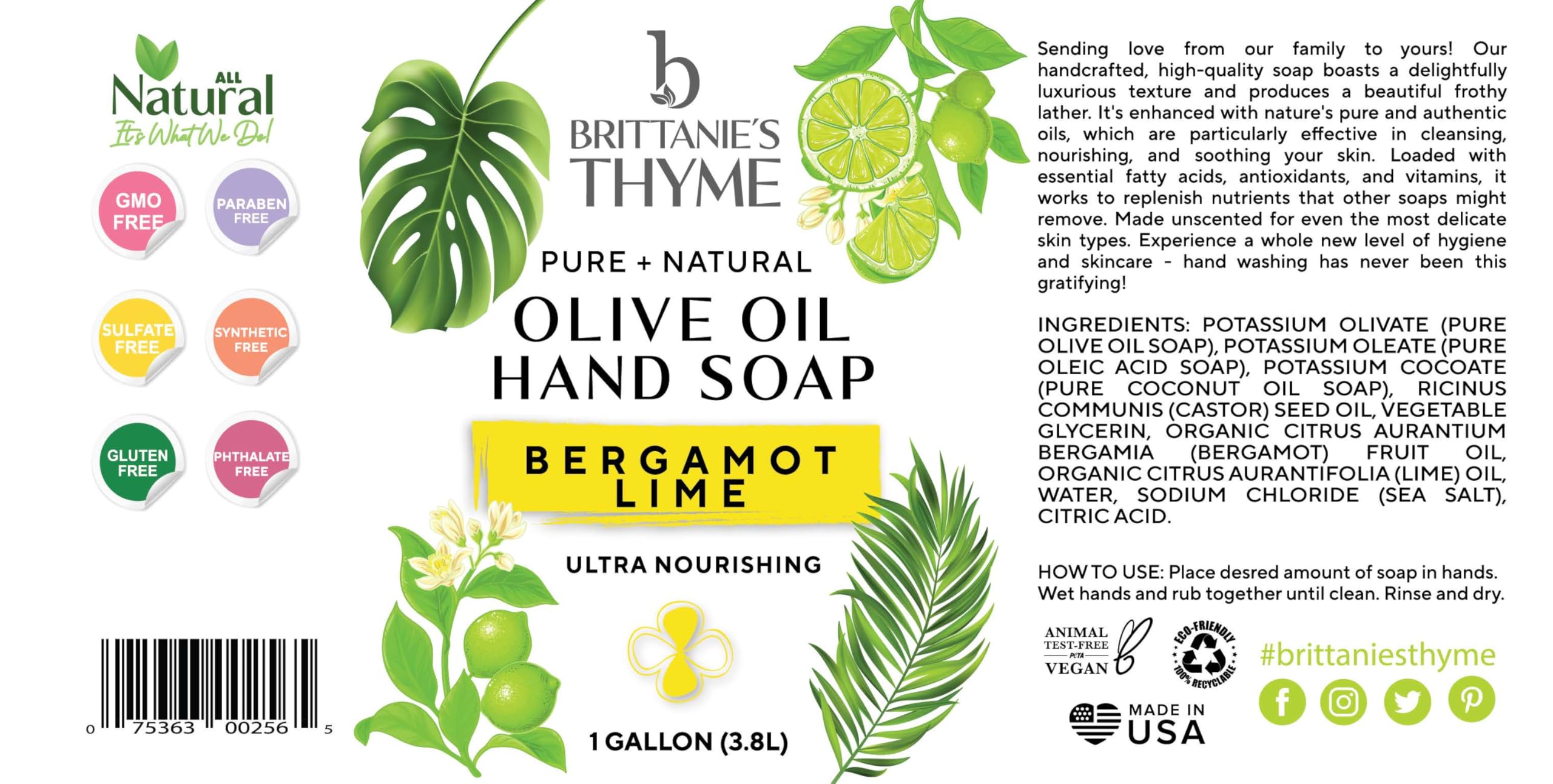 All-in-one uses: Brittanie's Thyme Bergamot Lime liquid soap clean body, dishes, and more.