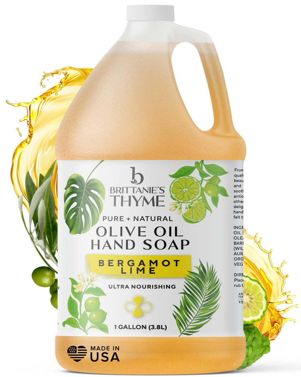Brittanie's Thyme Bergamot Lime liquid soap bottle pour for skin and surfaces.