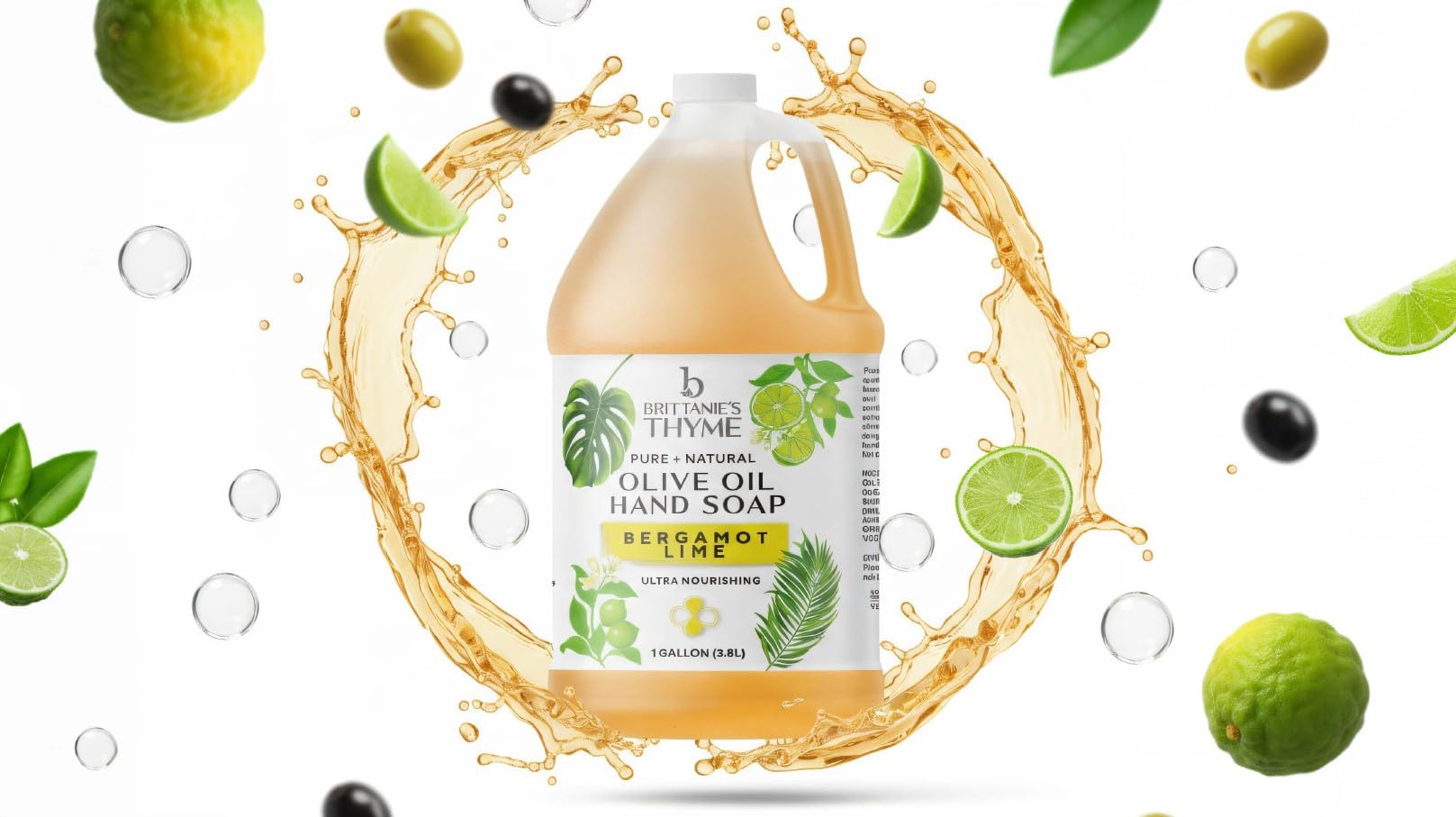 Brittanie's Thyme Bergamot Lime liquid soap rich lather for gentle cleansing.