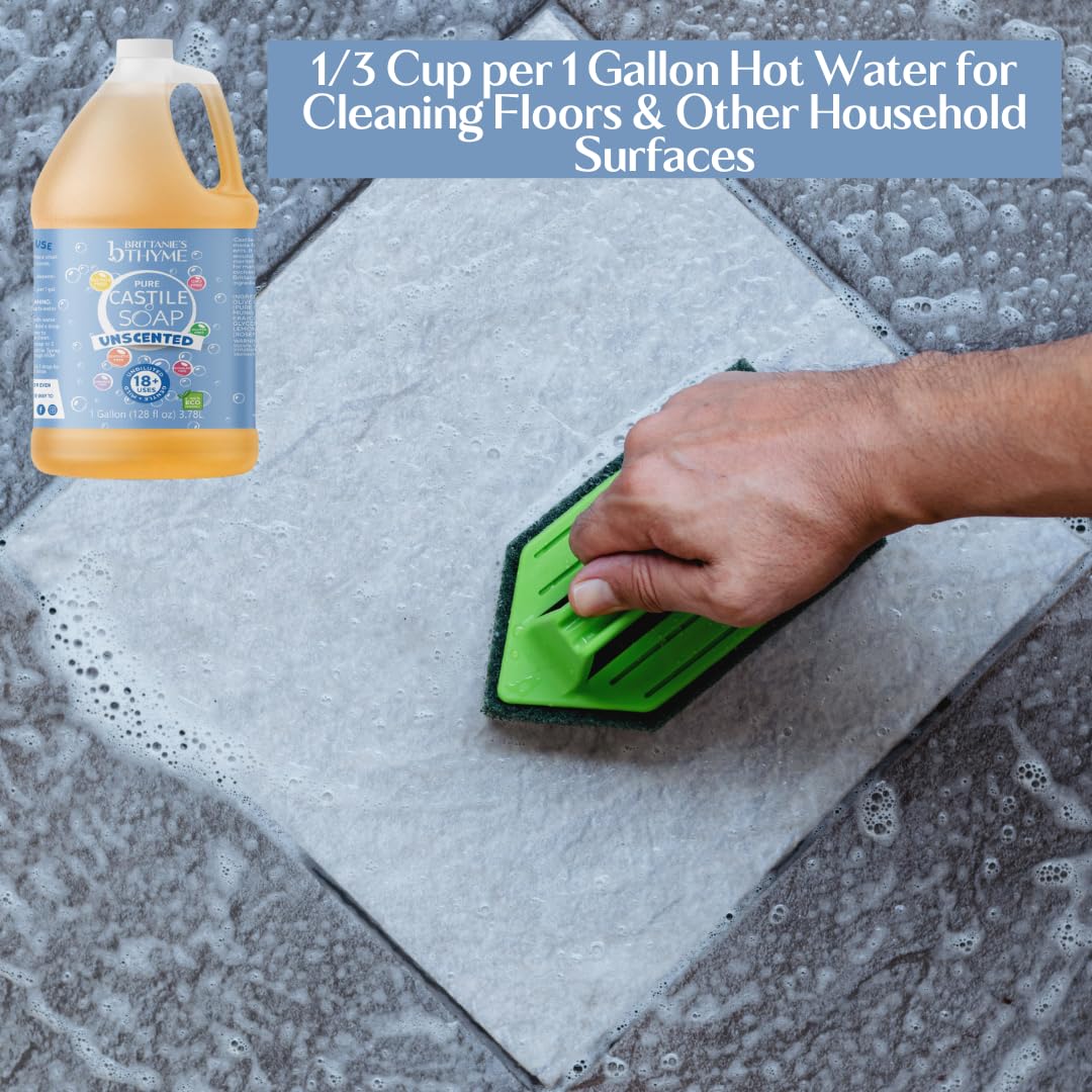 Brittanie's Thyme dish soap usage showcases safe fragrance free kitchen cleaning with olive oil base