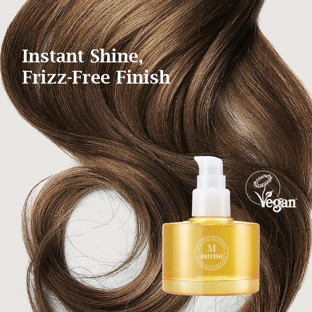 BRITISH M Annatto Hair Oil on hair strands with luminous shine and hydration