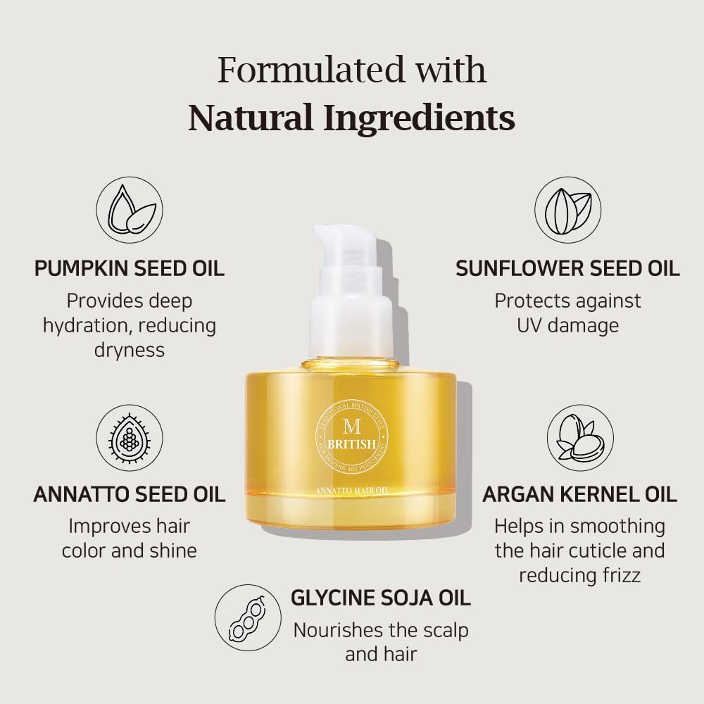 BRITISH M Annatto Hair Oil texture application shows smooth, glossy results