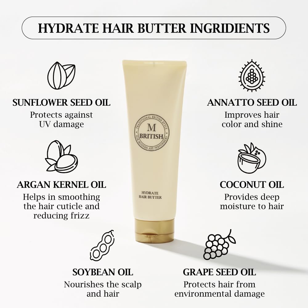 BRITISH M Hydrate Hair Butter ingredient panel highlights lightweight hydration for all hair kinds.