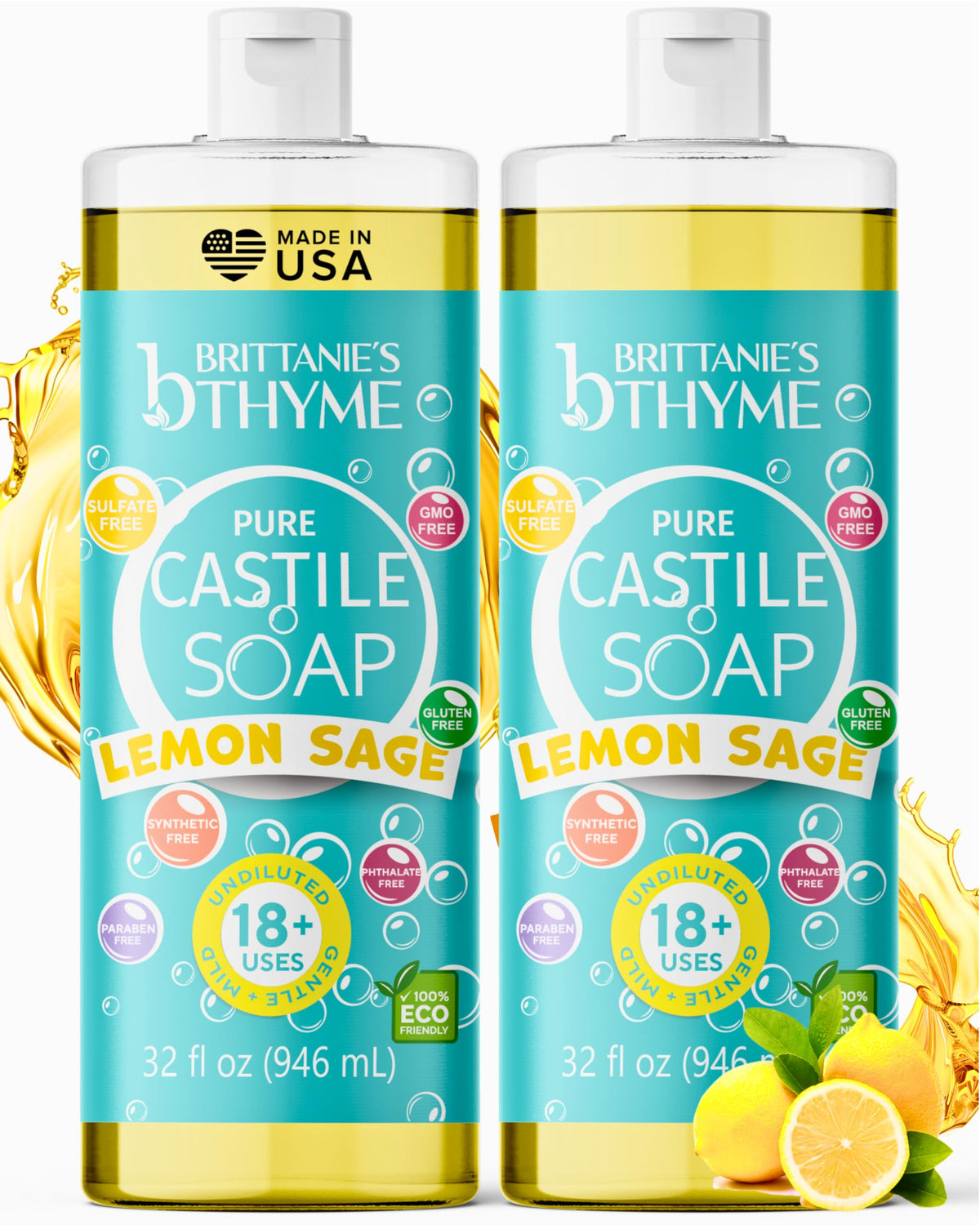 Brittanie’s Pure Castile Lemon Sage refill bottles shown as a 2-pack for long-lasting, eco-friendly cleaning.