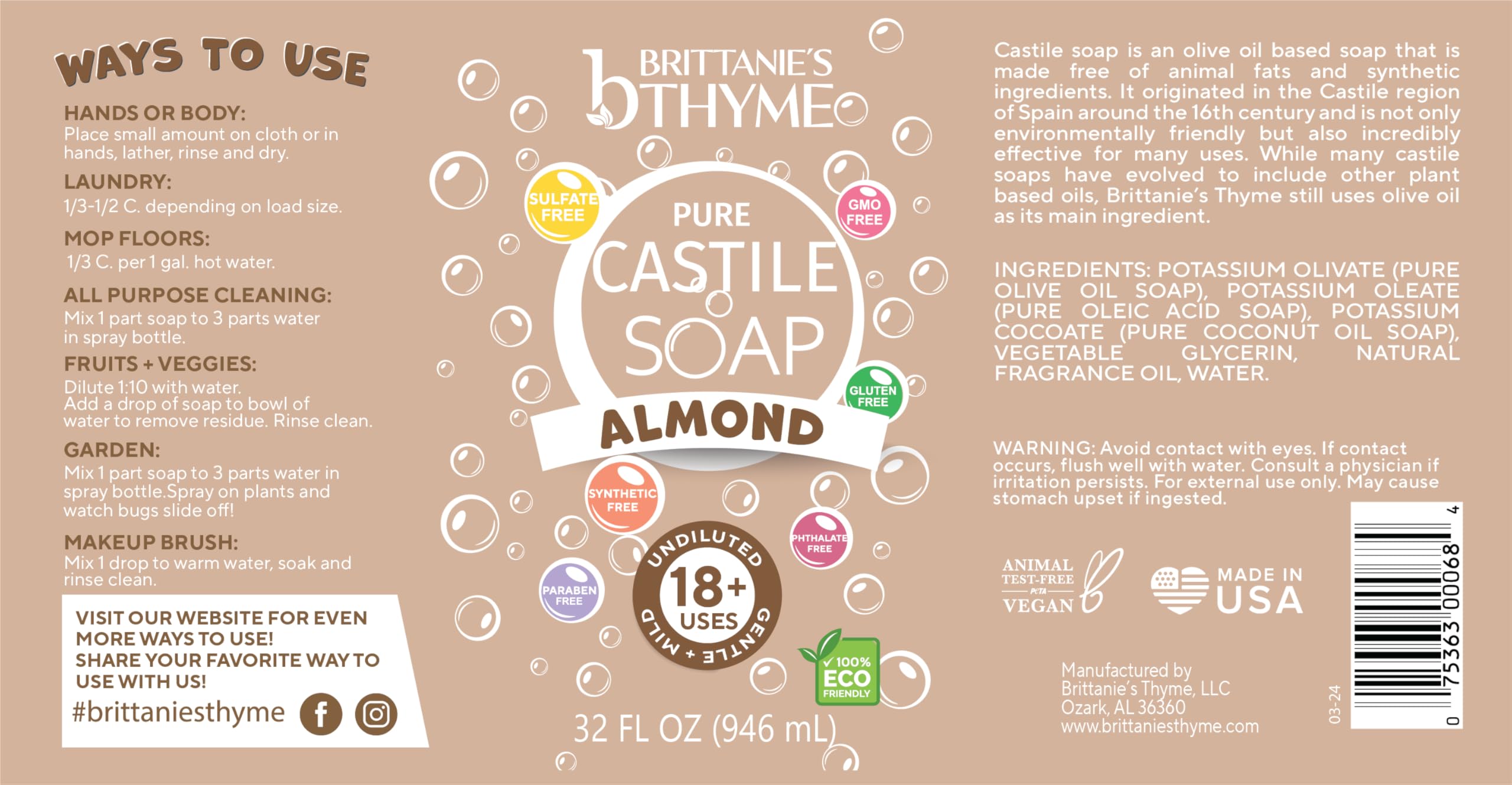 Castile soap ingredient image highlights olive and coconut oils for a natural, gentle cleanse.