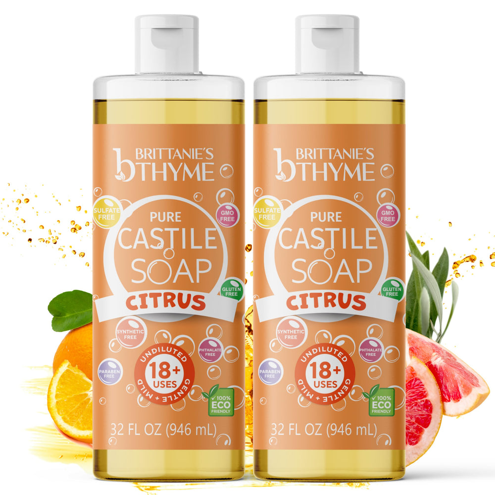 Brittanie's Thyme citrus castile refill two-pack for eco-friendly home cleaning and gentle skin care.