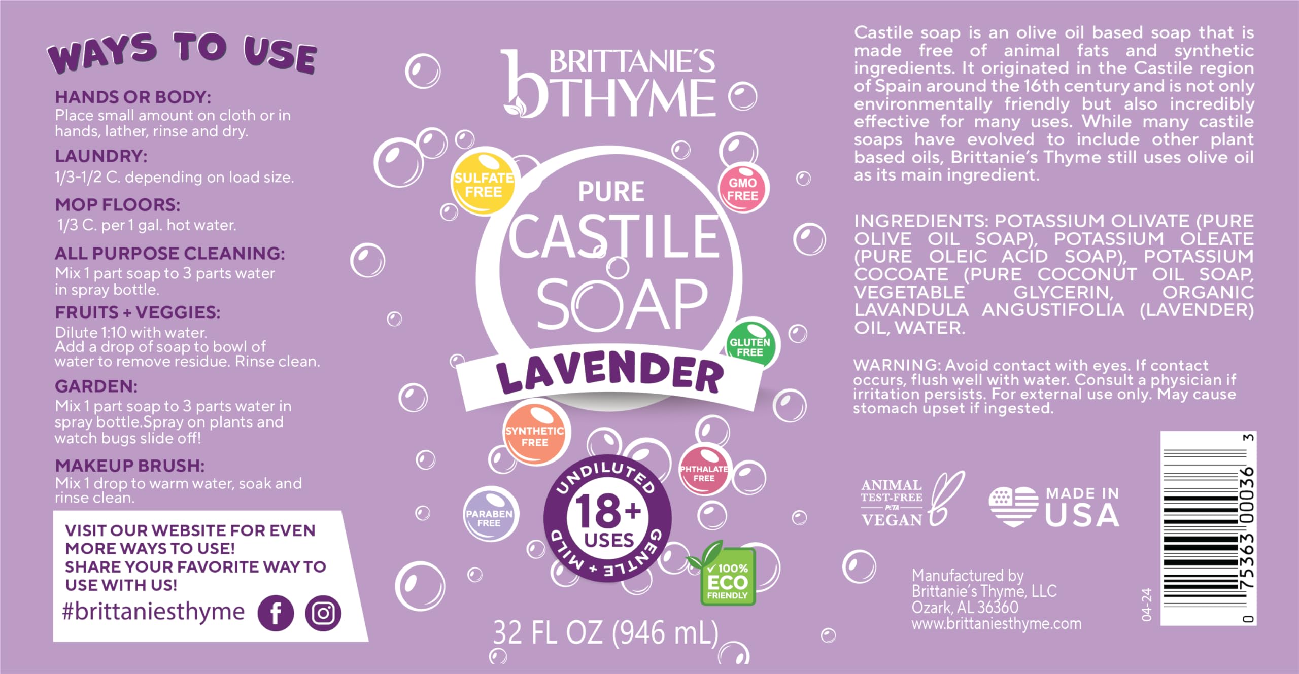 Brittanie's Thyme flacon lavande, arôme apaisant et élégant.