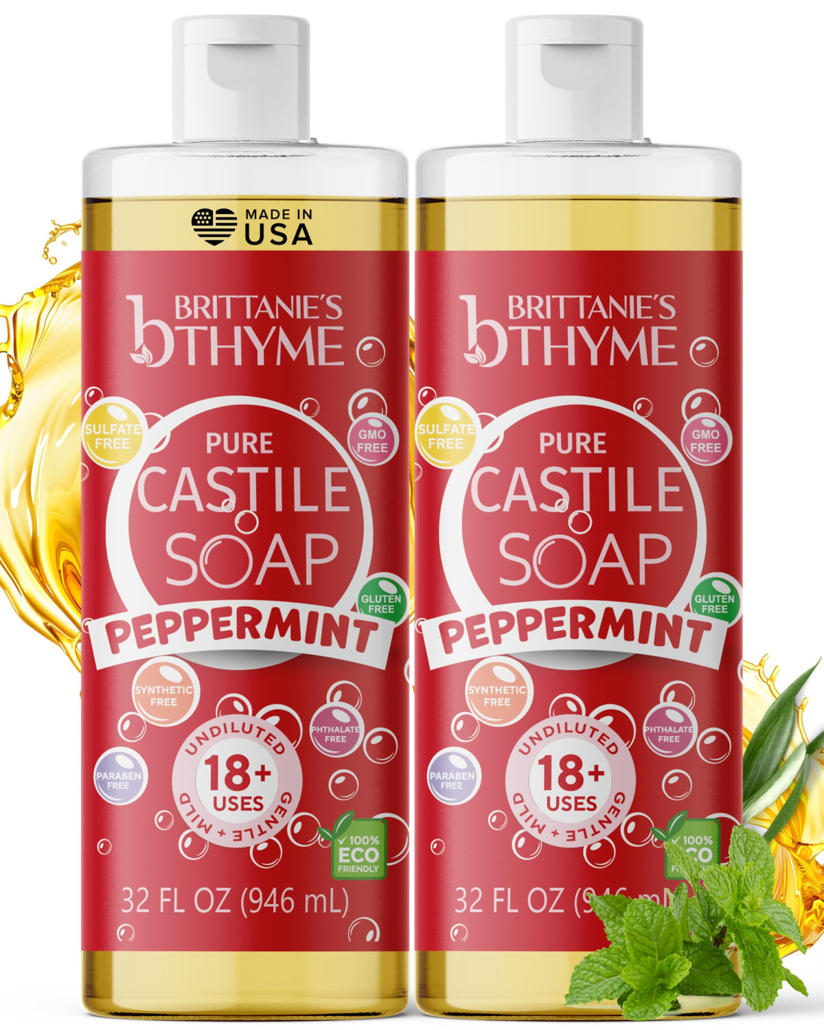 Brittanie's Thyme peppermint Castile bottle shown for body care.