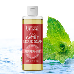 Brittanie's Thyme peppermint leaves beside bottle evoke refreshing scent.