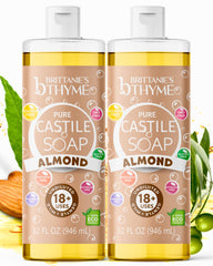 Brittanie's Thyme Pure Castile Almond bottle shows almond-scented cleansing for skin and hair.