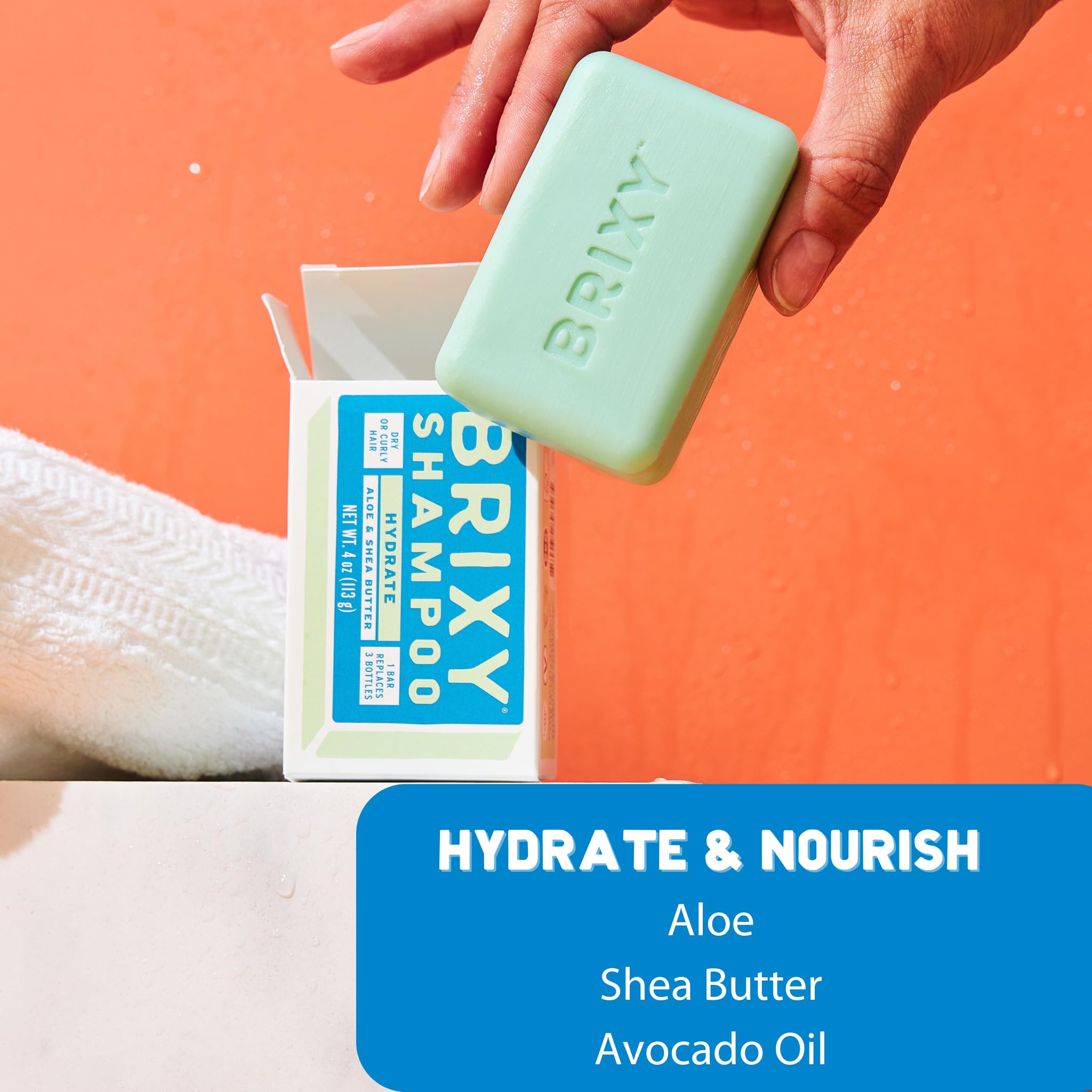 BRIXY Hydrating Shampoo Bar curls image highlights smoother, more manageable curls.