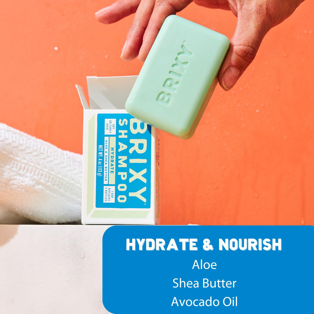 BRIXY Hydrating Shampoo Bar curls image highlights smoother, more manageable curls.