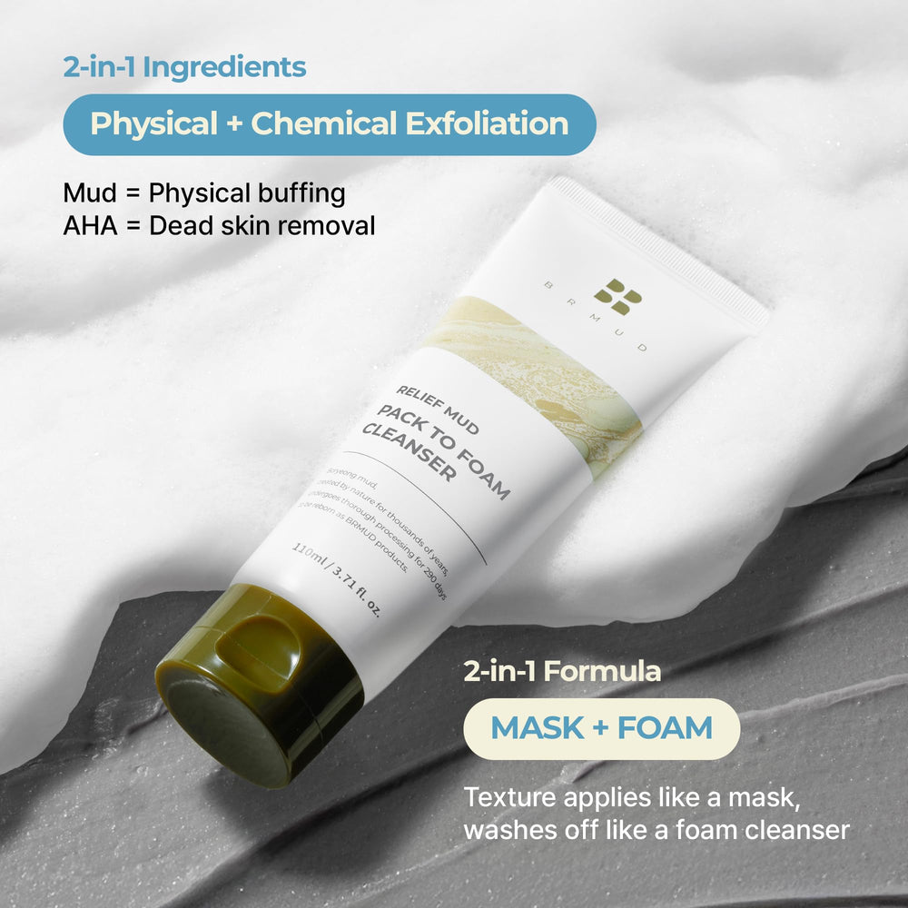 BRMUD Relief Mud Pack to Foam Cleanser application on damp skin creates rich lather.