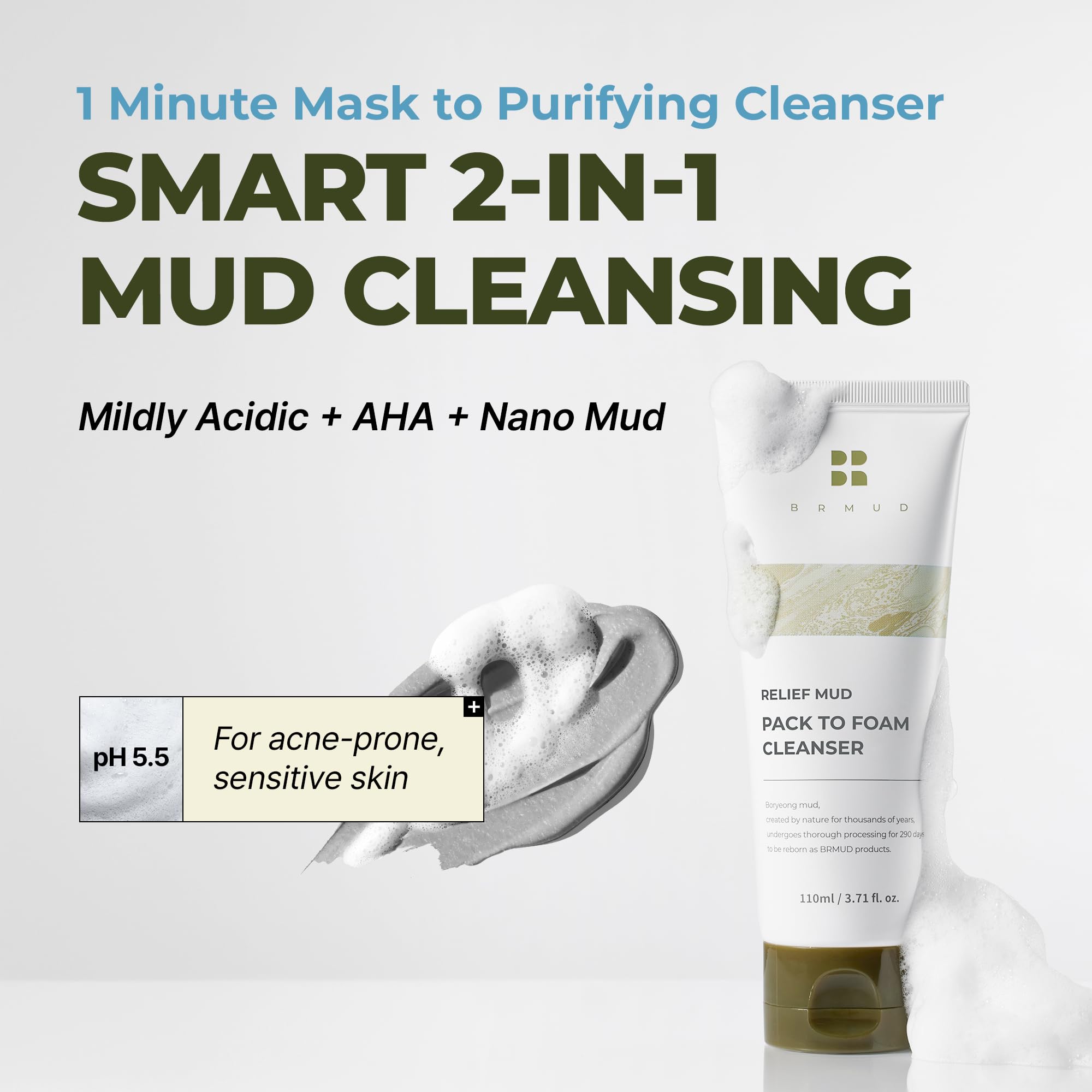 BRMUD Relief Mud Pack to Foam Cleanser foam texture highlights gentle cleansing.