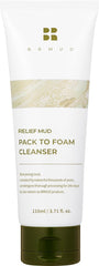 BRMUD Relief Mud Pack to Foam Cleanser packaging showcases dual-action cleansing for pores and balance.