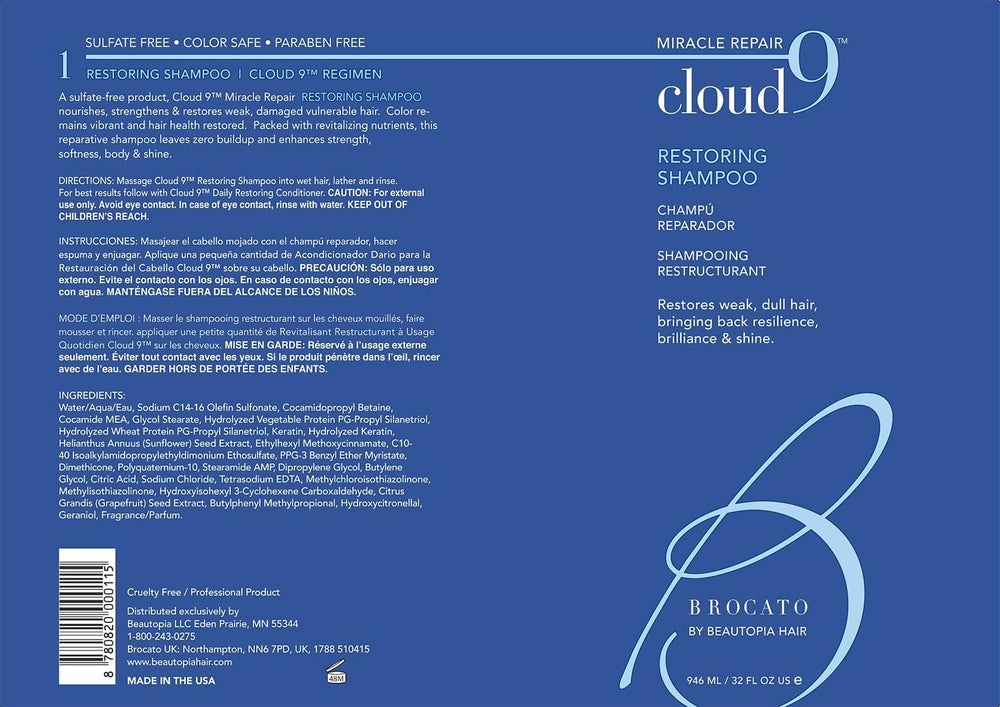 Brocato Cloud 9 Restoring Shampoo 32 oz bottle ideal for family routines.