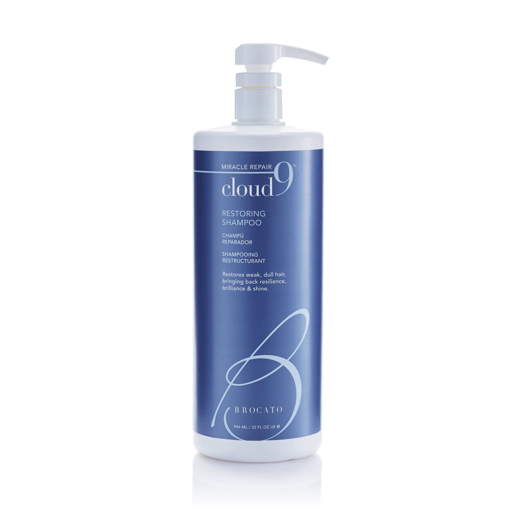 Brocato Cloud 9 Restoring Shampoo bottle on a clean surface, showcasing hydration-ready hair care.