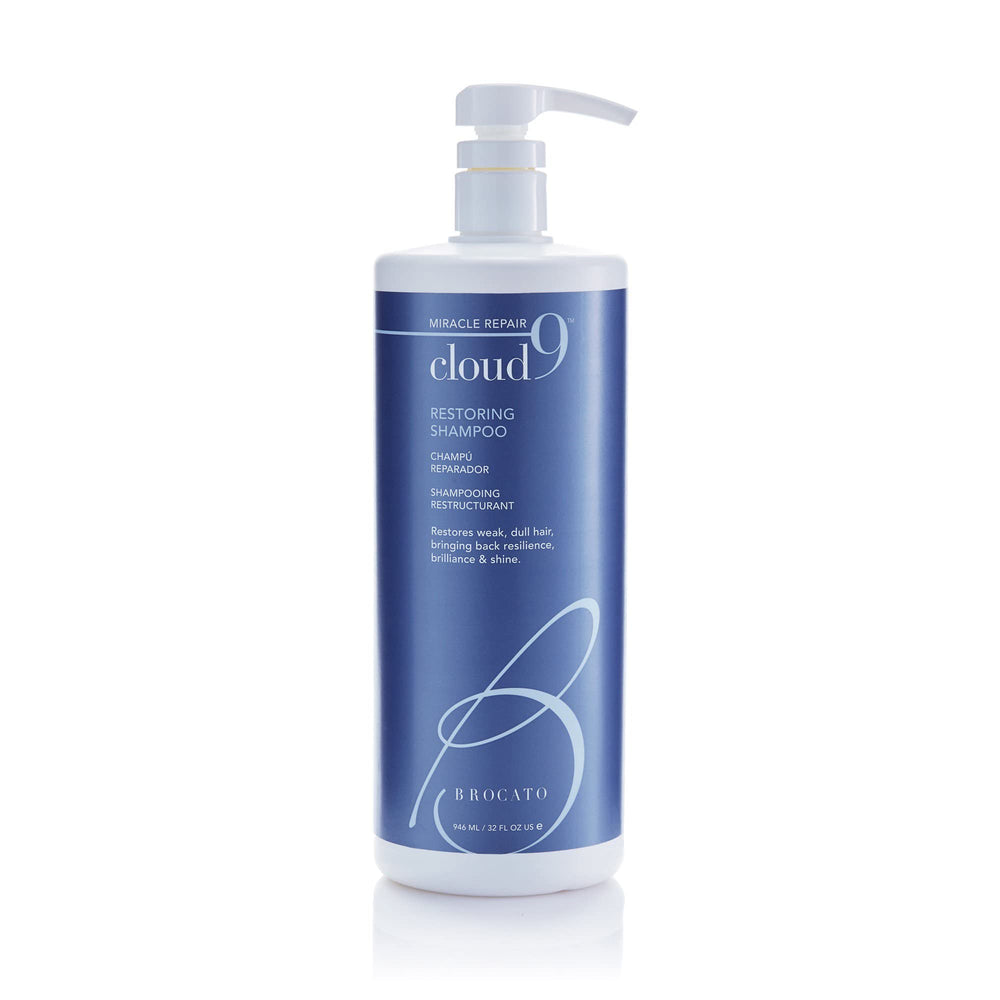 Brocato Cloud 9 Restoring Shampoo bottle on a clean surface, showcasing hydration-ready hair care.