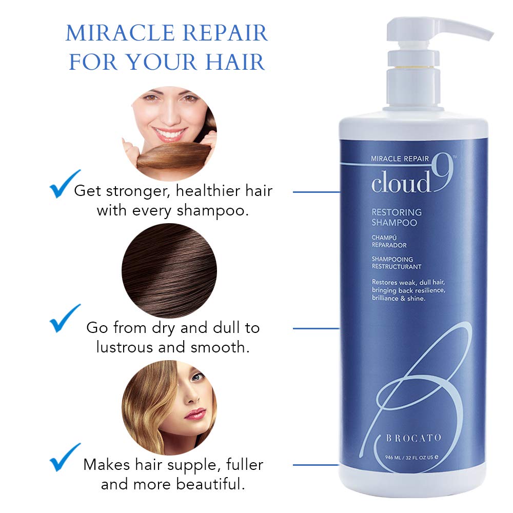 Brocato Cloud 9 Restoring Shampoo after-wash hair shows shine and smooth texture.