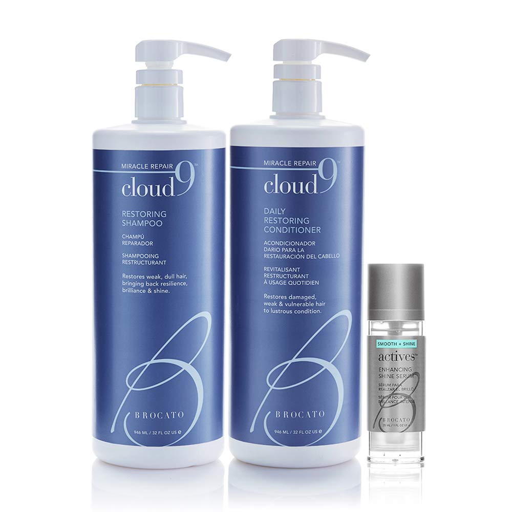Brocato Cloud 9 shampoo bottle pour highlights premium conditioning and shine.