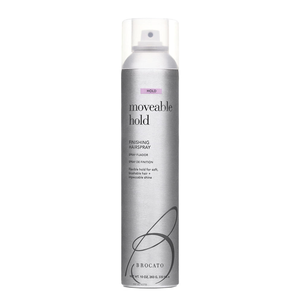 Brocato Moveable Hold Finishing Hairspray 10-ounce bottle provides brushable, long-lasting style.