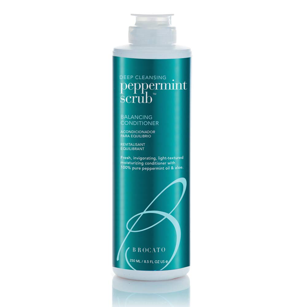 Brocato Peppermint Scrub Balancing Conditioner bottle on shelf for refreshing scalp balance.
