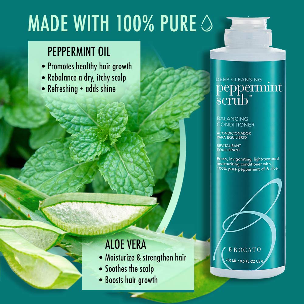 Close-up of Brocato Peppermint Scrub Balancing Conditioner label highlights clean ingredients.