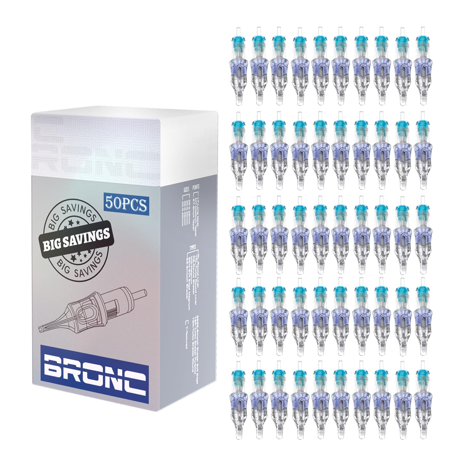 BRONC 50PCS cartridge needles close-up of 0.35mm tip for smooth ink delivery