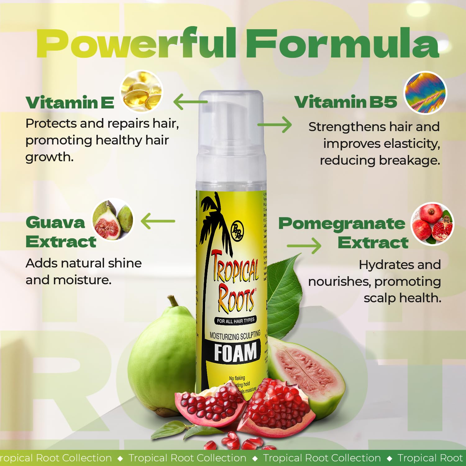 Ingredients guava and pomegranate in Bronner Bros Tropical Roots formula