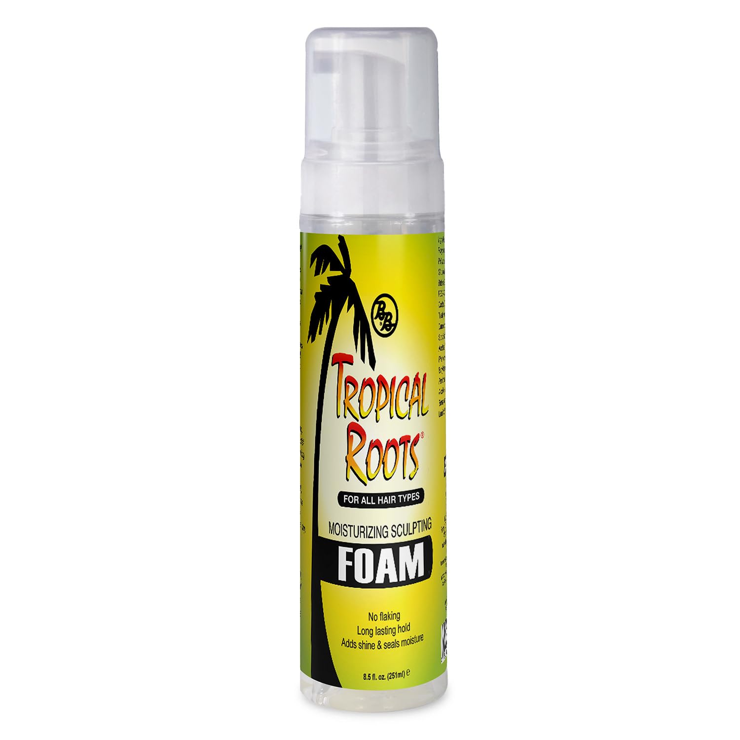 Bronner Bros Tropical Roots foam bottle showing hydrating formula for definition