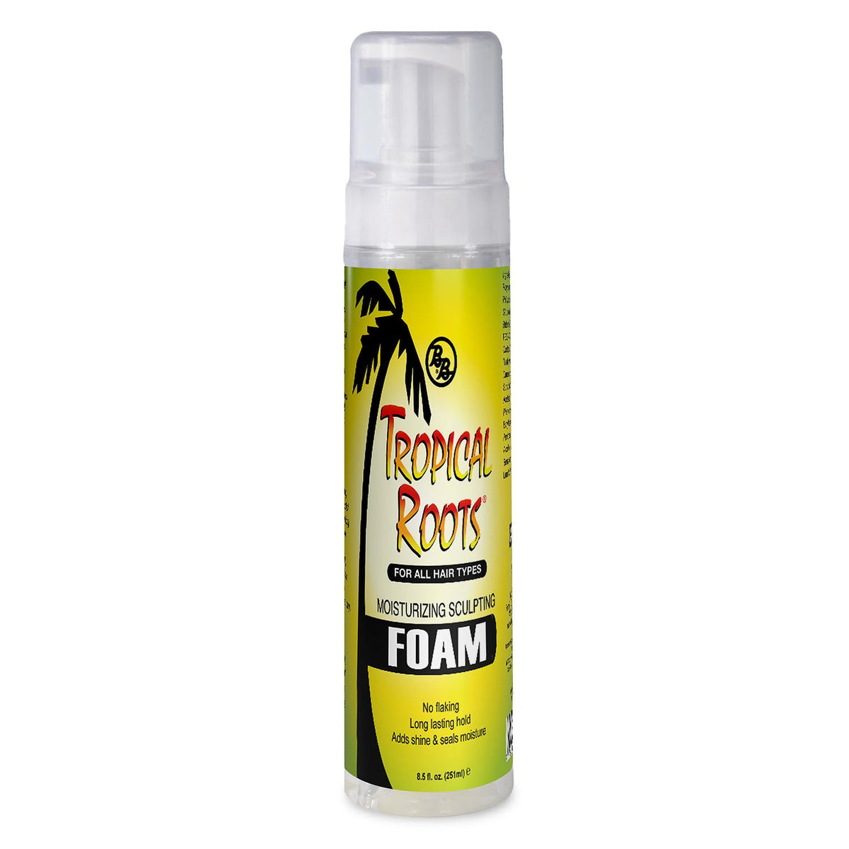 Bronner Bros Tropical Roots foam bottle showing hydrating formula for definition