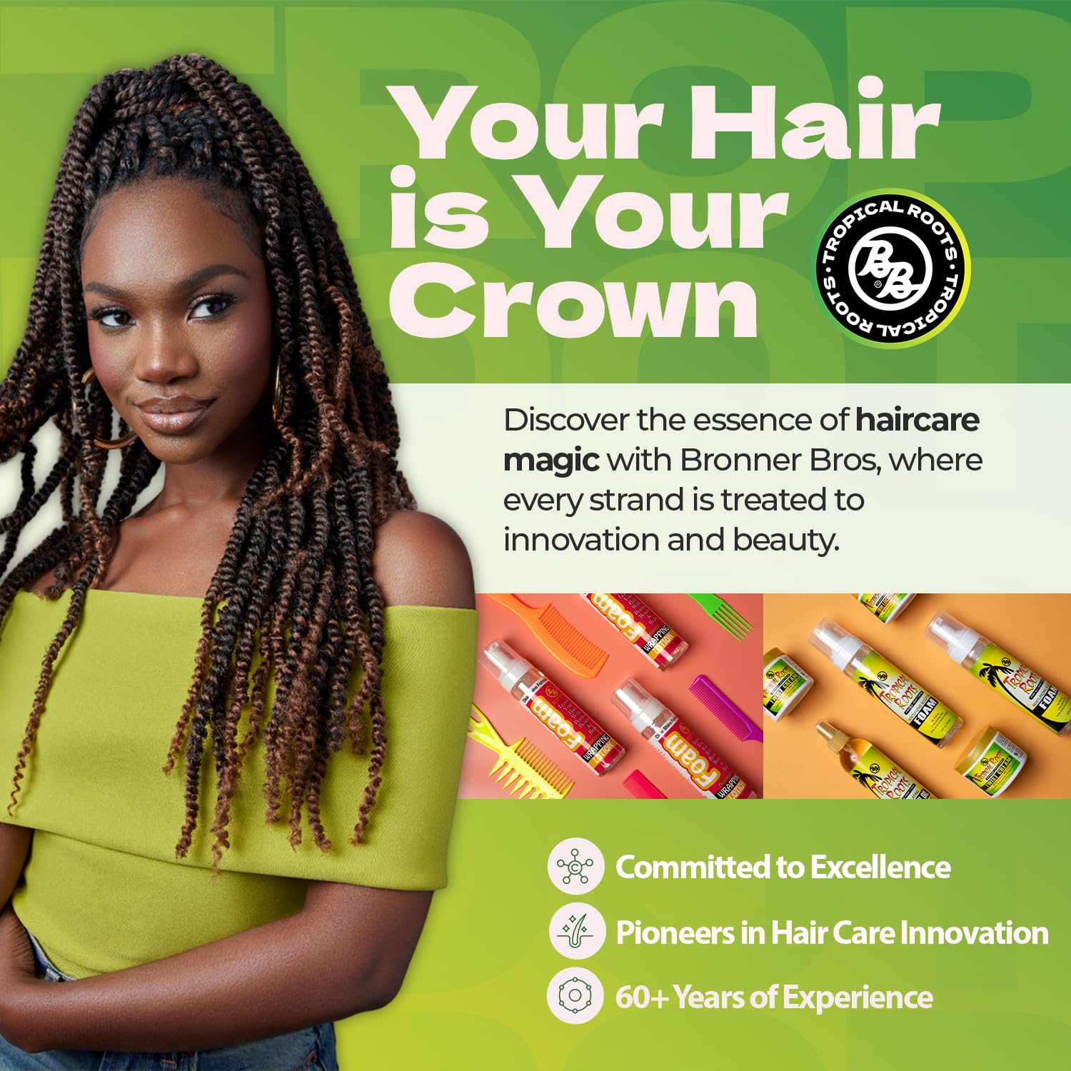 Packaging design of Bronner Bros Tropical Roots Moisturizing Sculpting Foam