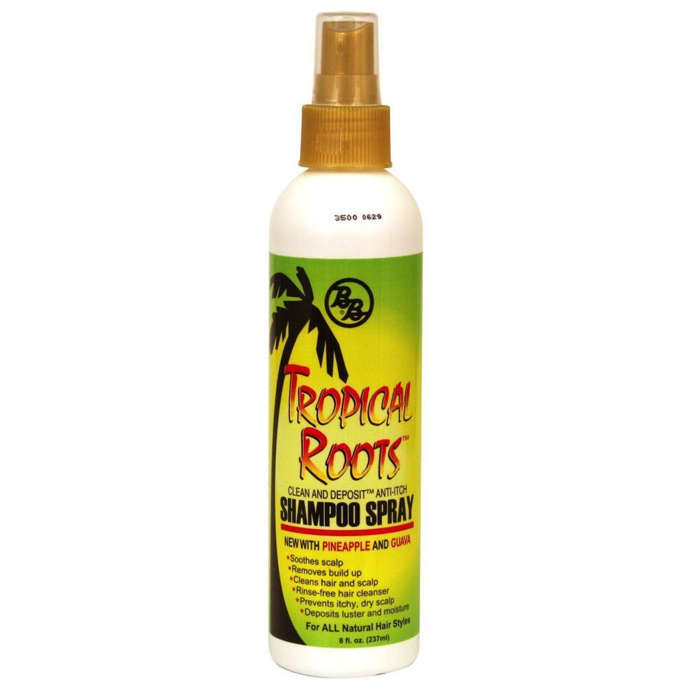 Bronner Bros Tropical Roots Shampoo Spray bottle front, rinse-free cleansing.
