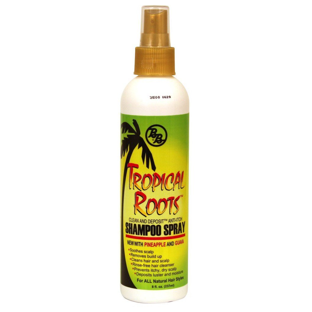 Bronner Bros Tropical Roots Shampoo Spray bottle front, rinse-free cleansing.