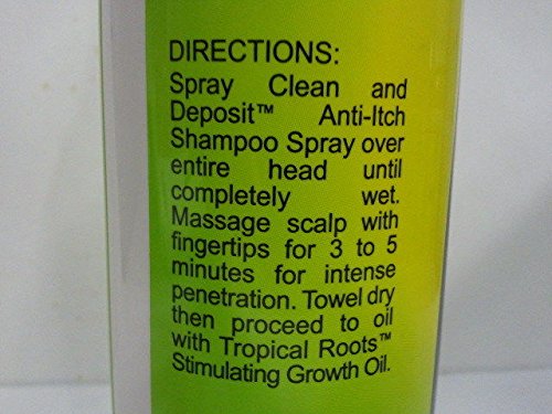Bronner Bros Tropical Roots Shampoo Spray label close-up highlighting moisture and scalp care.