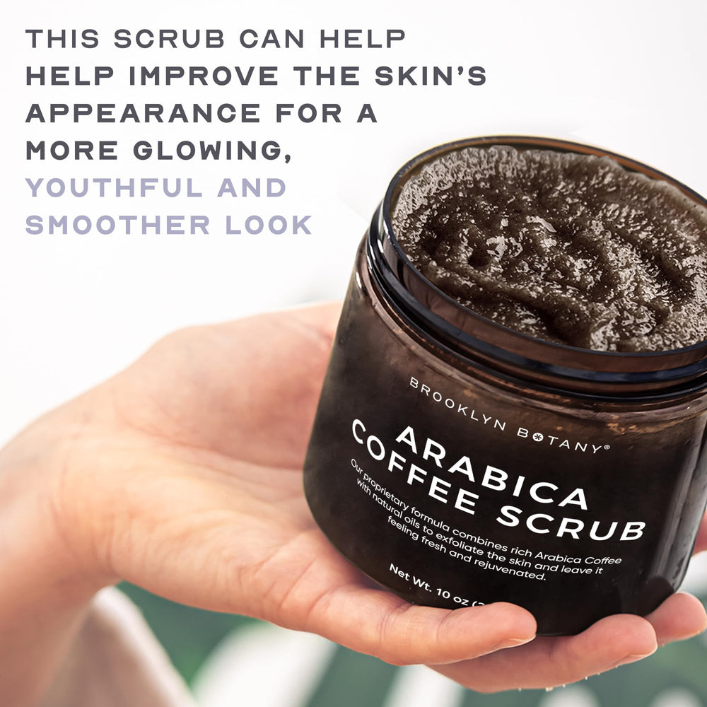 Brooklyn Botany Arabica Coffee Body Scrub bottle on bathroom shelf.