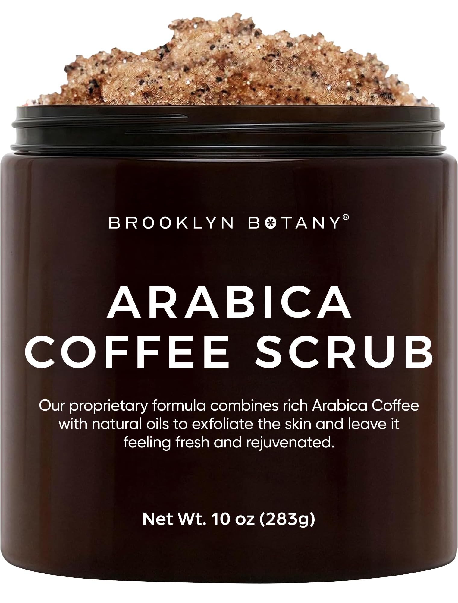 Brooklyn Botany Arabica Coffee Body Scrub packaging highlights premium ingredients.