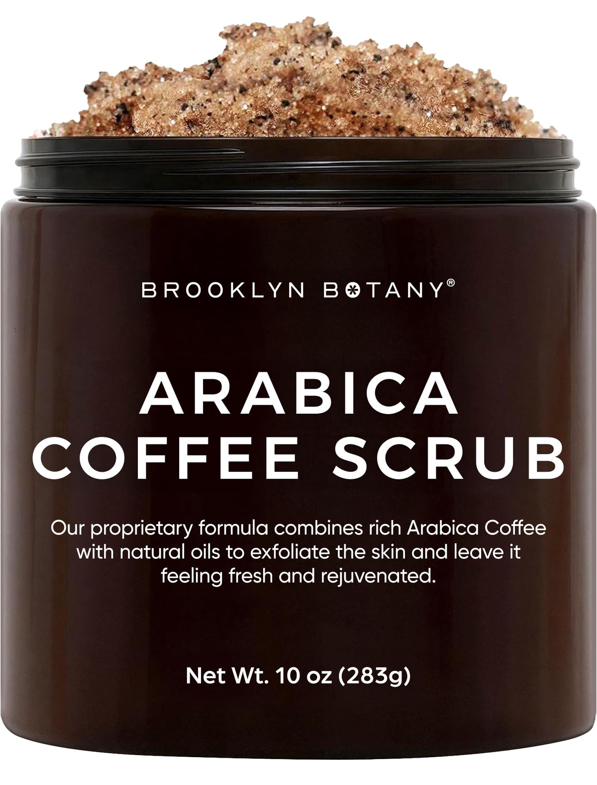 Brooklyn Botany Arabica Coffee Body Scrub packaging highlights premium ingredients.