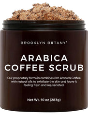 Brooklyn Botany Arabica Coffee Body Scrub packaging highlights premium ingredients.