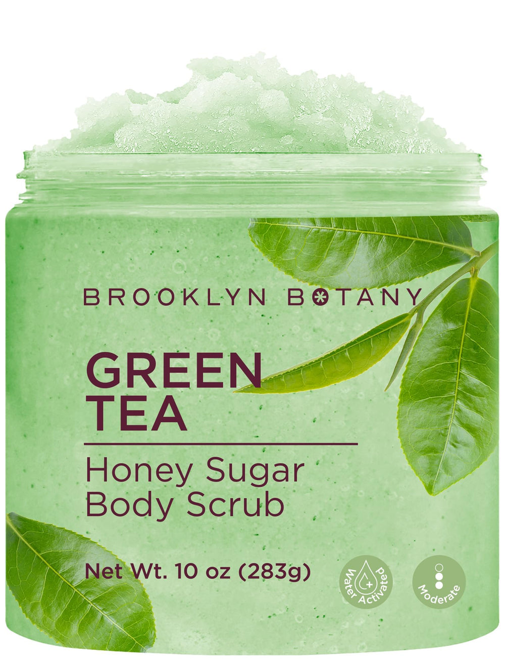 Brooklyn Botany Green Tea Honey Sugar Scrub jar for exfoliation and hydration.