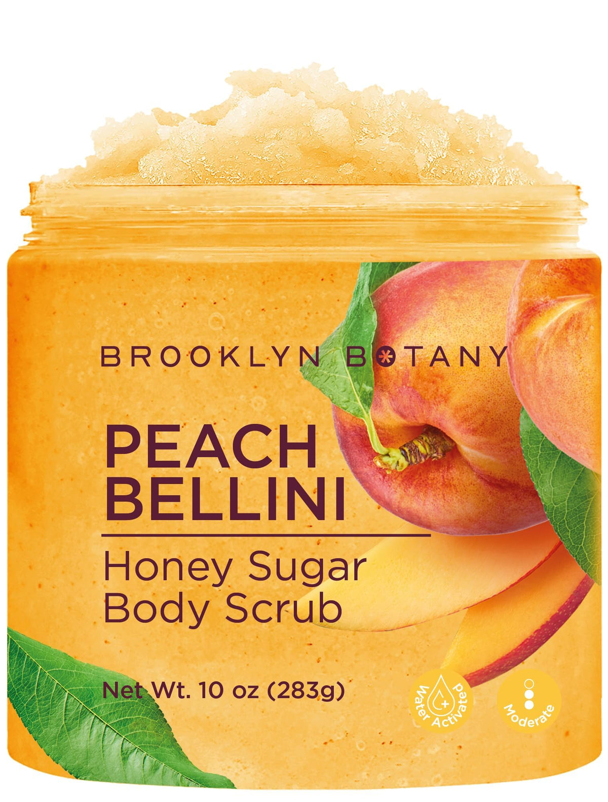 Brooklyn Botany Peach Bellini Honey Sugar Scrub jar front for hydrated skin.