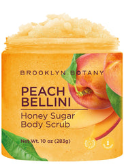 Brooklyn Botany Peach Bellini Honey Sugar Scrub jar front for hydrated skin.
