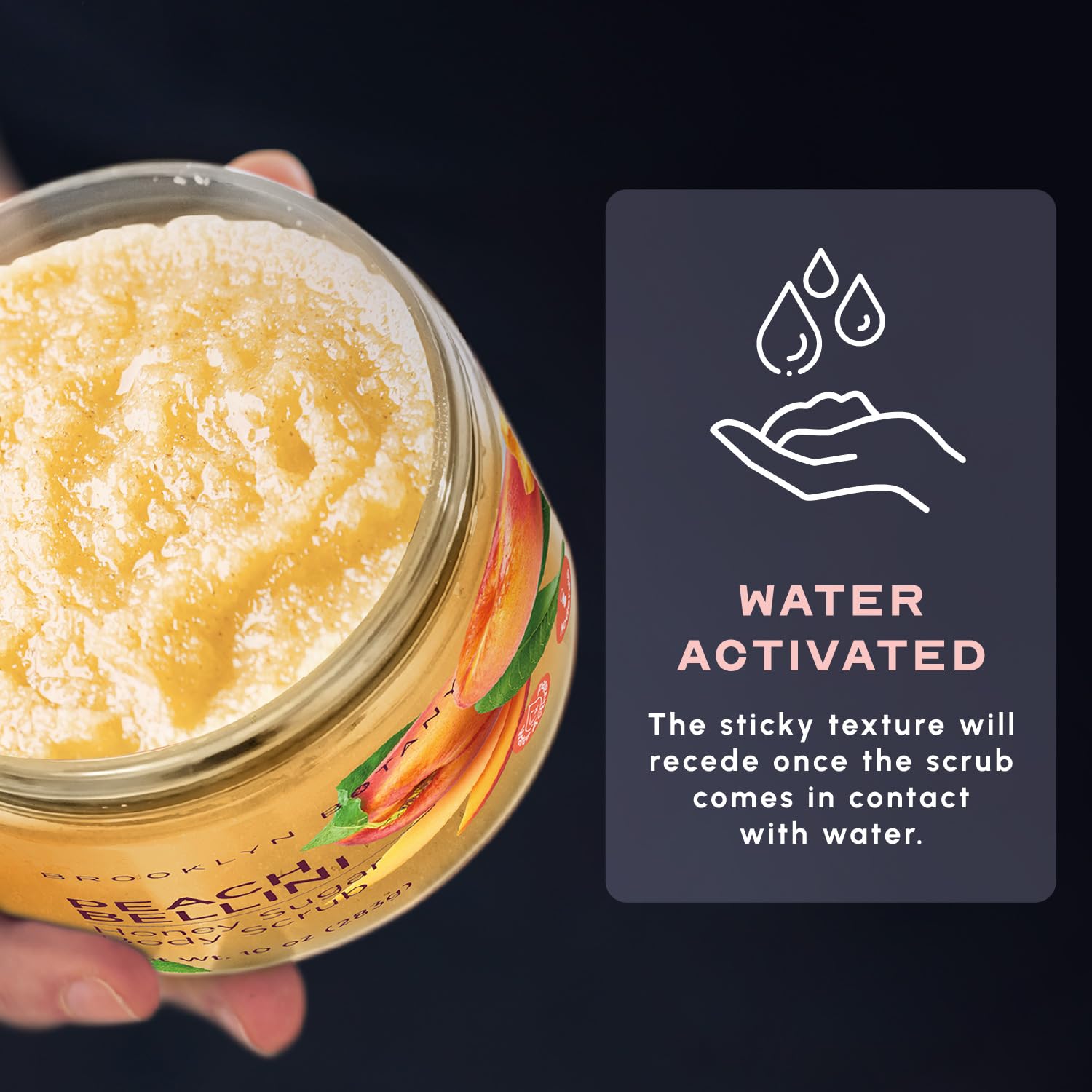 Brooklyn Botany Peach Bellini scrub being rubbed on skin for nourishment.