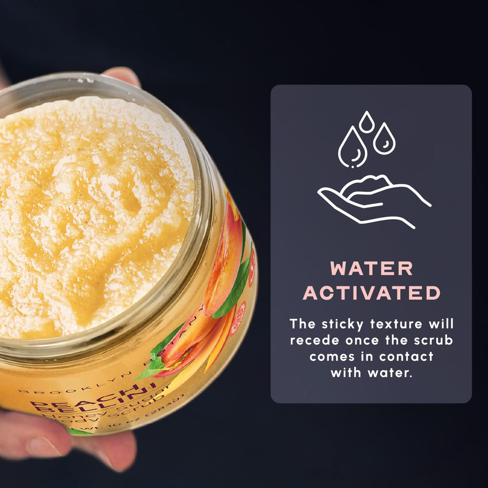Brooklyn Botany Peach Bellini scrub being rubbed on skin for nourishment.